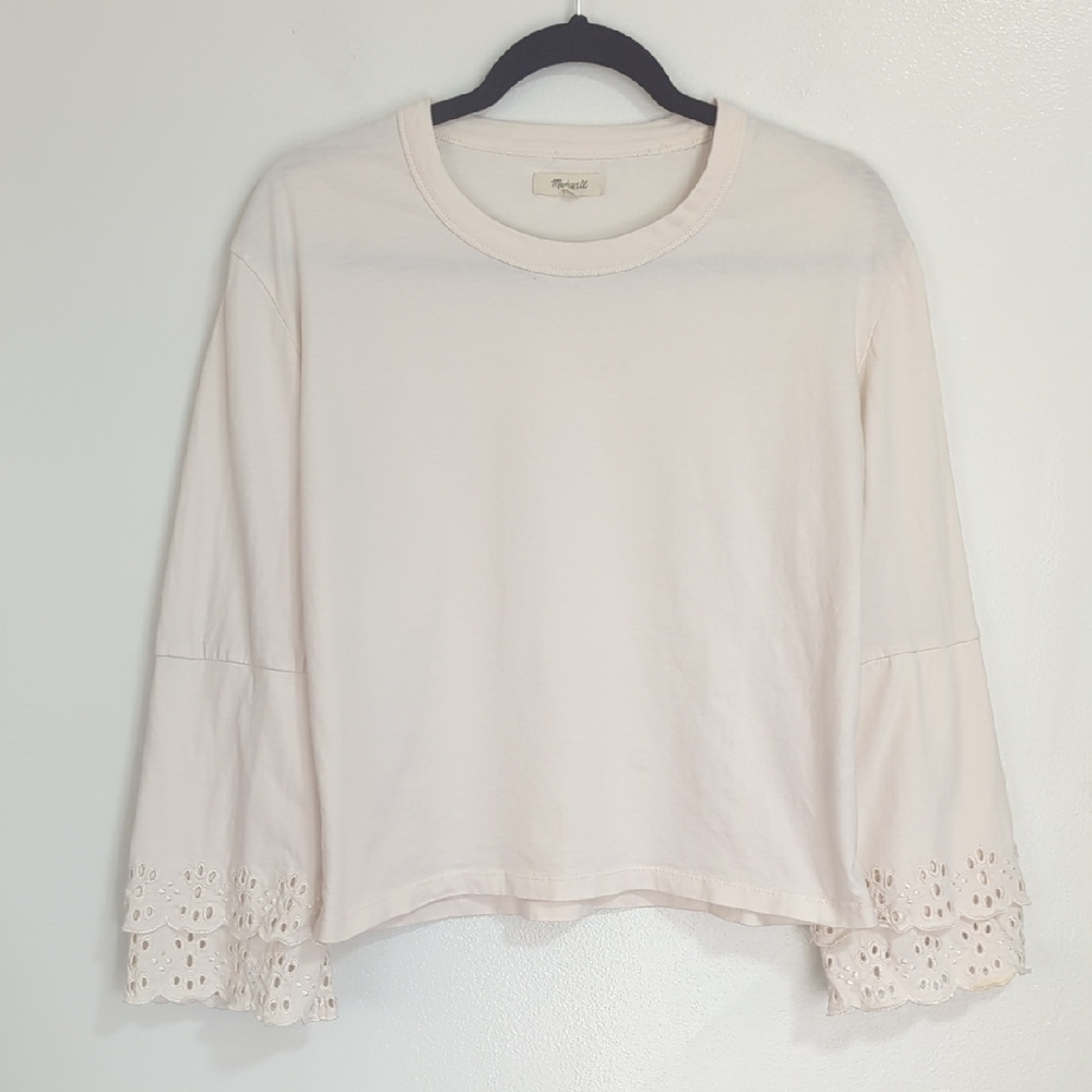Madewell‎ White Cream Eyelet Tiered Bell Sleeve 100% Cotton T Shirt Small